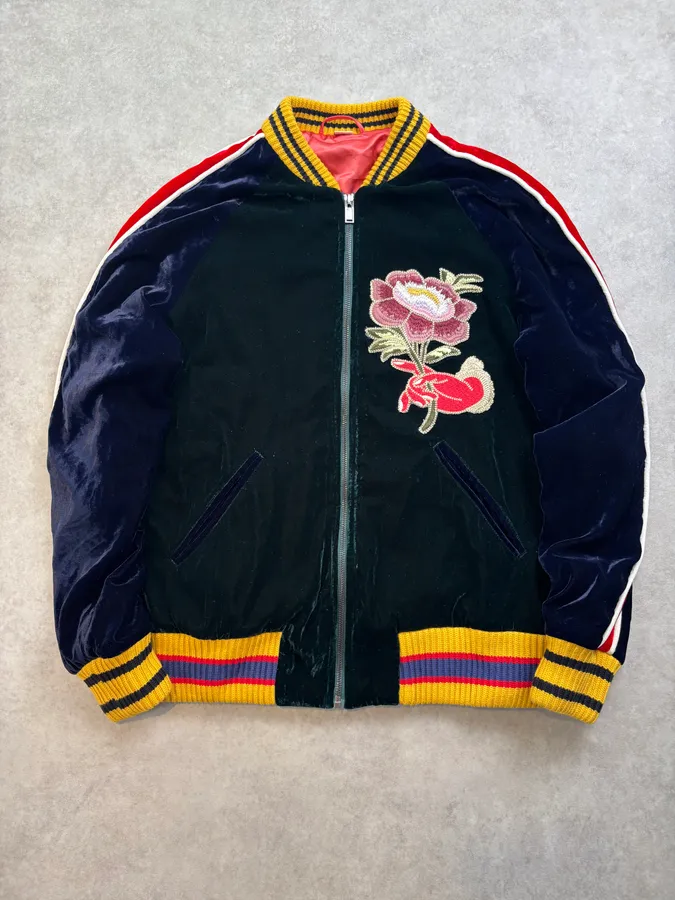 AW2017 Gucci Navy Velvet Embroidered Cobra Floral Bomber Jacket