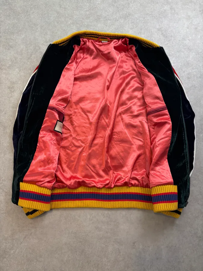 AW2017 Gucci Navy Velvet Embroidered Cobra Floral Bomber Jacket - Image 7