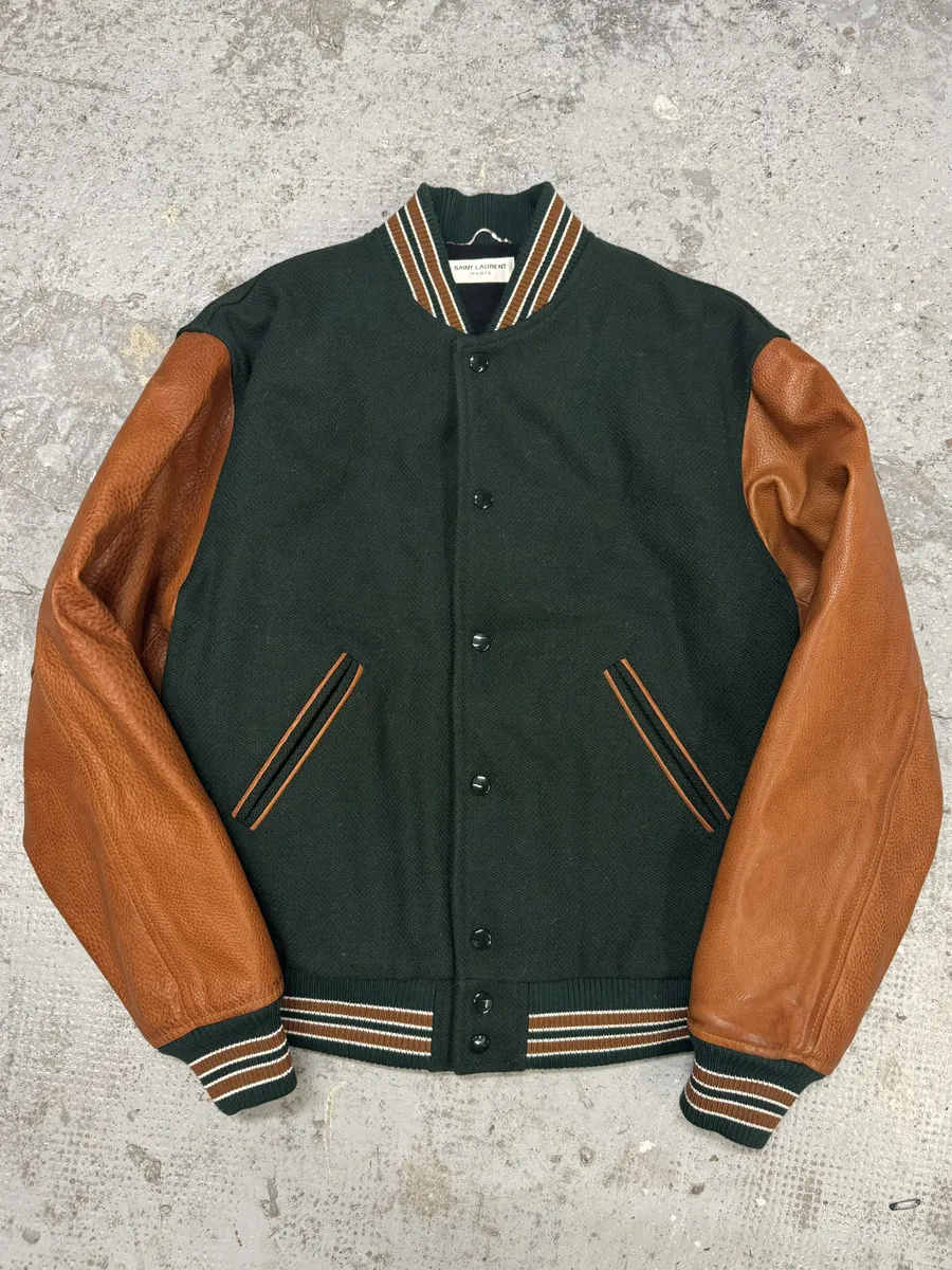 AW2017 Saint Laurent Green & Orange Leather Sleeves Teddy Varsity Jacket - Image 3