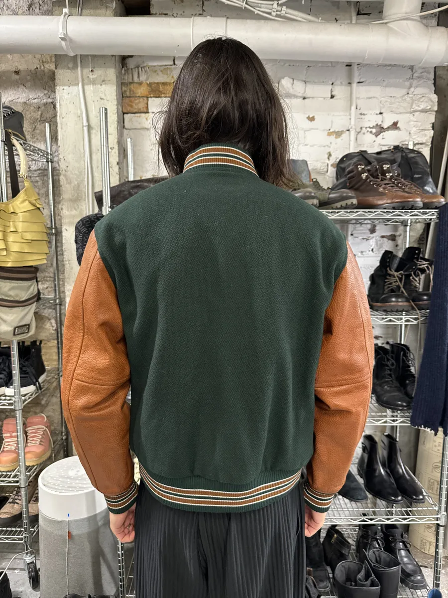AW2017 Saint Laurent Green & Orange Leather Sleeves Teddy Varsity Jacket - Image 5