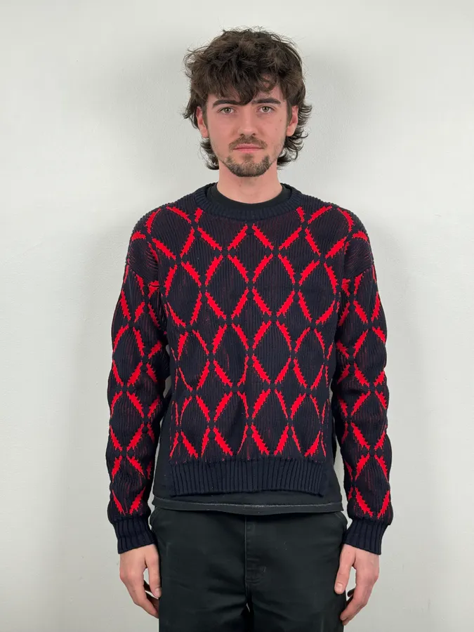 AW2017 Versace Red Losange Navy Wool Sweater - Image 2