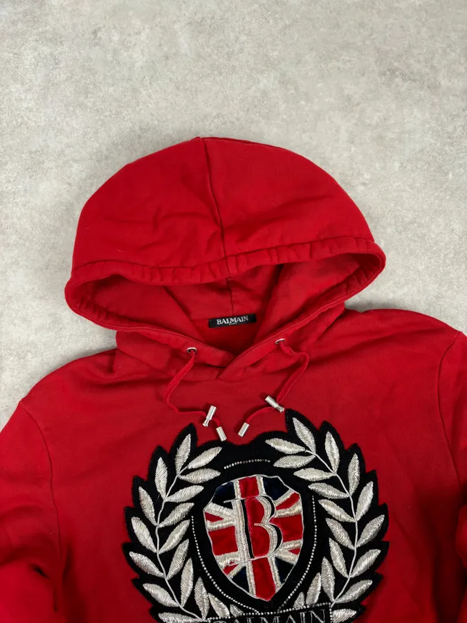 AW2018 Balmain Red UK Flag Embroideries Hoodie - Image 4