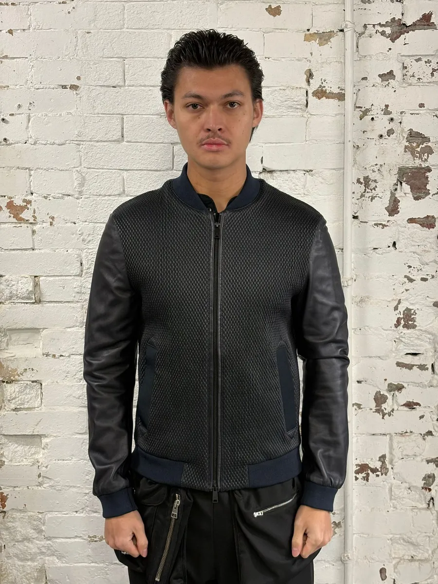 AW2018 Emporio Armani Navy & Black Waffled Leather Bomber Jacket - Image 3