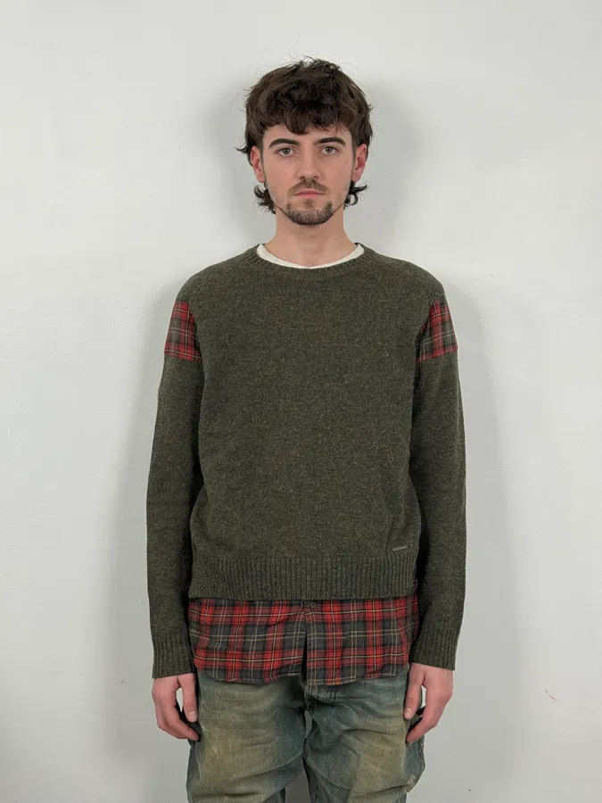 AW2019 Dsquared2 Hybrid Green Olive Wool & Checkered Red Shirt Sweater - Image 2