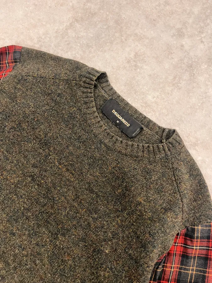 AW2019 Dsquared2 Hybrid Green Olive Wool & Checkered Red Shirt Sweater - Image 5