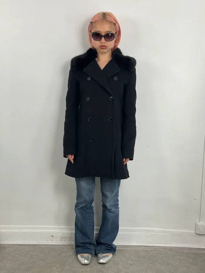 AW2019 Emporio Armani Black Wool Faux Fur Collar Buttoned Coat - Image 2