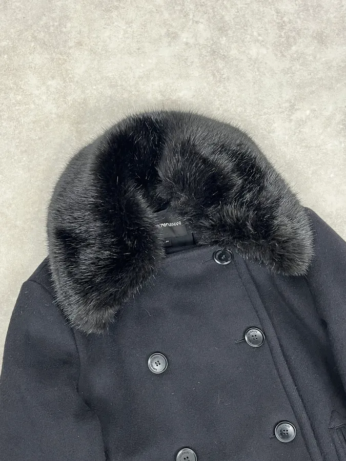 AW2019 Emporio Armani Black Wool Faux Fur Collar Buttoned Coat - Image 5