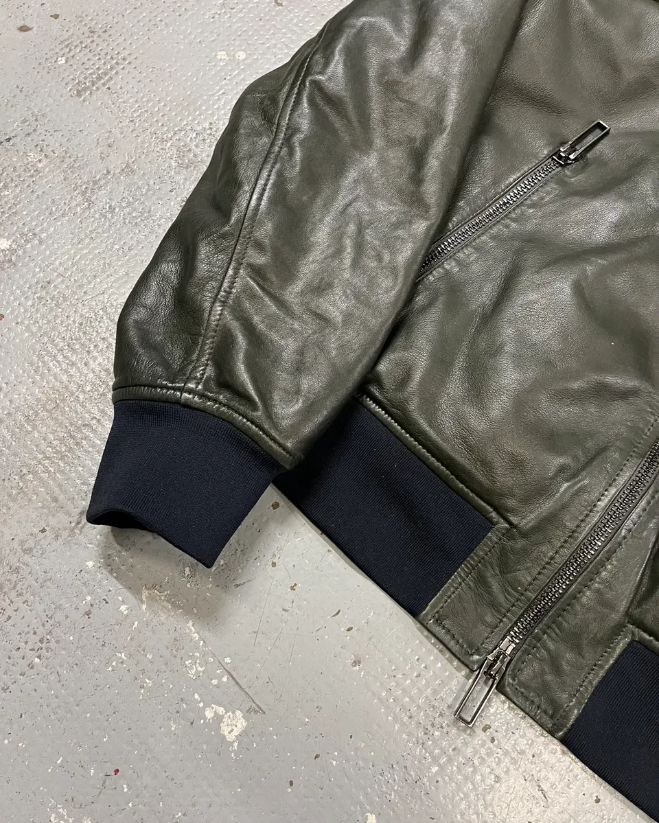 AW2019 Emporio Armani Green Leather Bomber Jacket - Image 6