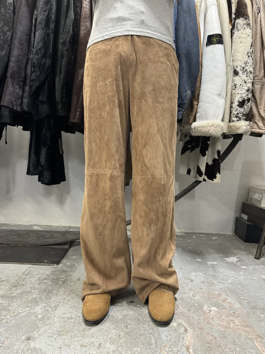 AW2020 Emporio Armani Suede Beige Leather Pants - Image 3
