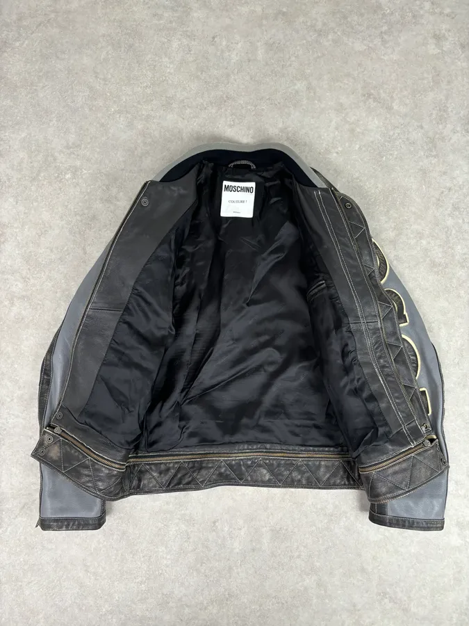 AW2020 Moschino Faded Leather Trucker Bomber Grey Jacket - Image 8