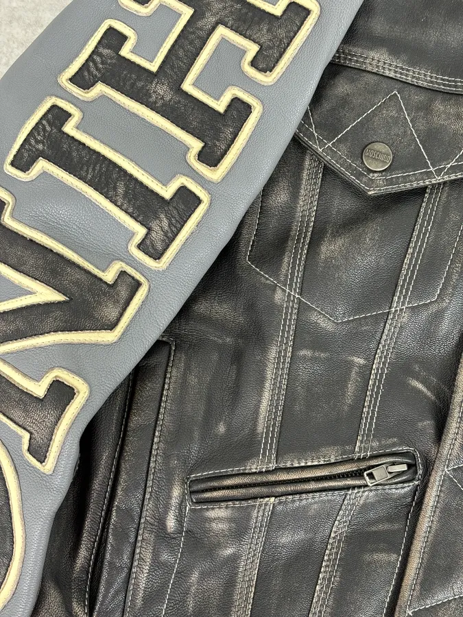 AW2020 Moschino Faded Leather Trucker Bomber Grey Jacket - Image 9