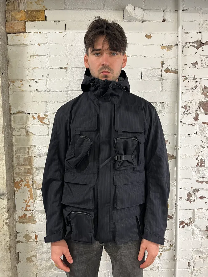 AW2022 Junya Watanabe Black Striped Cargo Hooded Parka Jacket - Image 2
