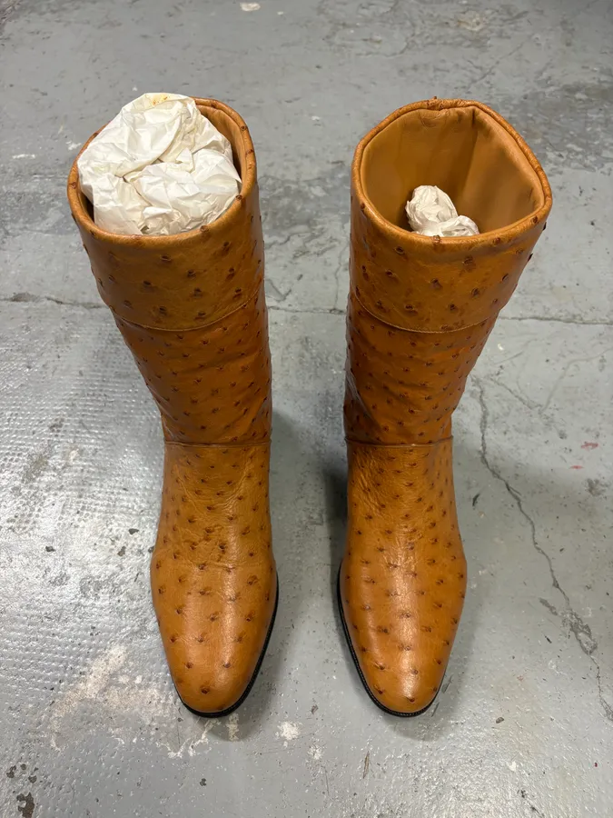 AW2023 Gucci Ostrich Camel Cowboy Ankle Leather Boots - Image 2