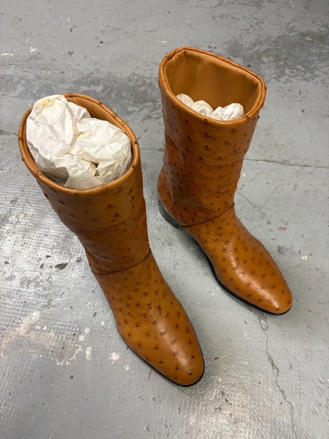 AW2023 Gucci Ostrich Camel Cowboy Ankle Leather Boots - Image 4
