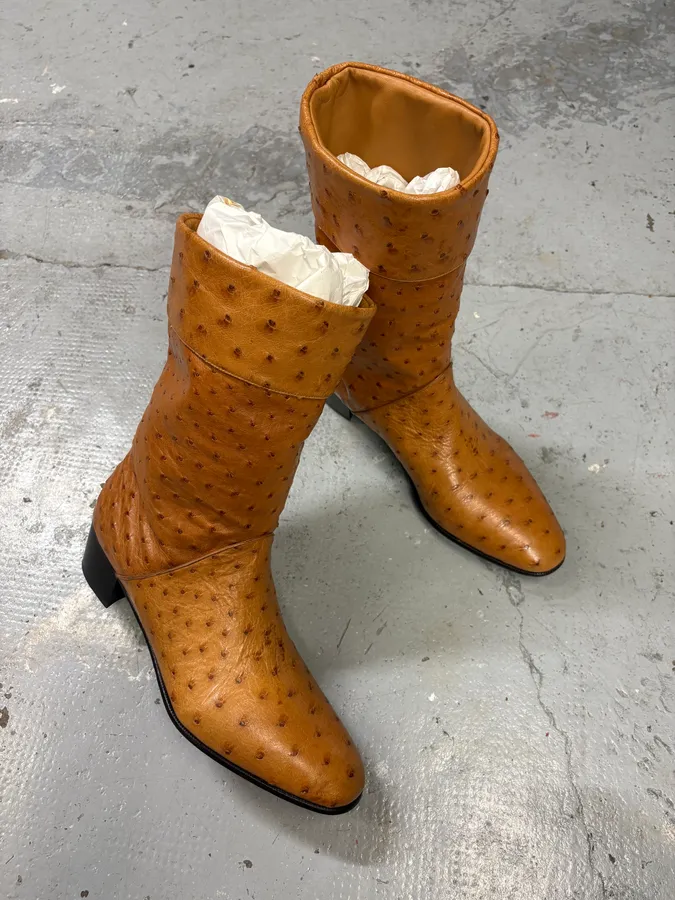 AW2023 Gucci Ostrich Camel Cowboy Ankle Leather Boots - Image 5
