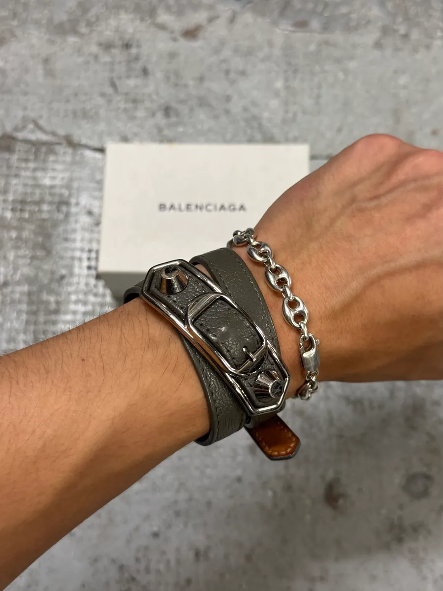Balenciaga City Grey Olive Leather Studded Bracelet