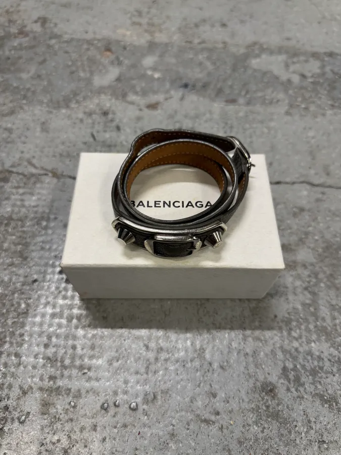 Balenciaga City Grey Olive Leather Studded Bracelet - Image 2