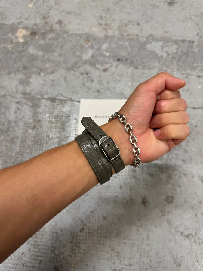 Balenciaga City Grey Olive Leather Studded Bracelet - Image 3
