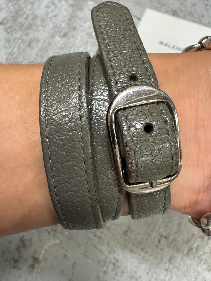 Balenciaga City Grey Olive Leather Studded Bracelet - Image 4