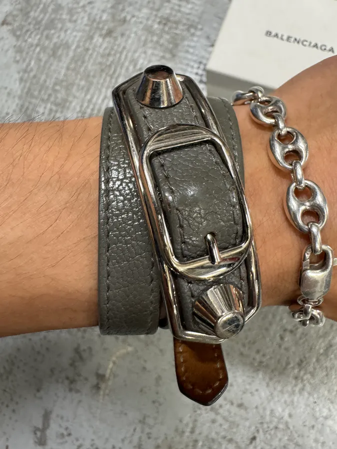 Balenciaga City Grey Olive Leather Studded Bracelet - Image 5