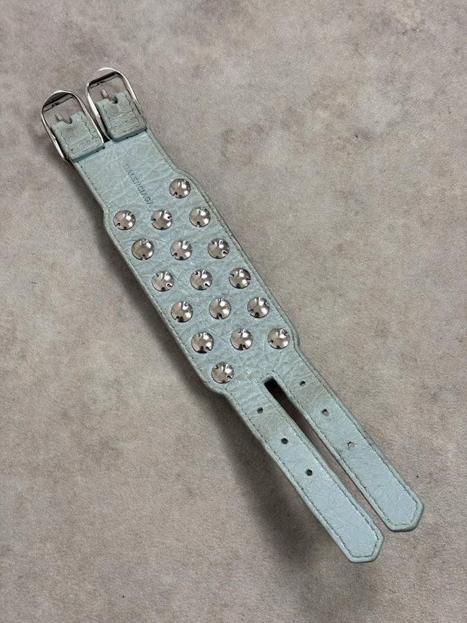 Balenciaga City Light Blue Studded Leather Bracelet - Image 4