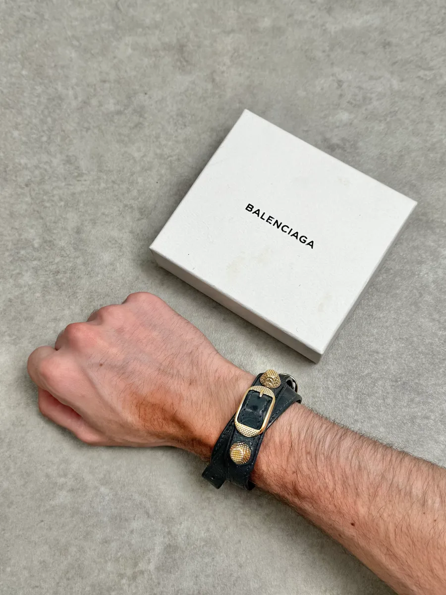 Balenciaga Dark Navy Gold-Studded Leather Wrap Bracelet