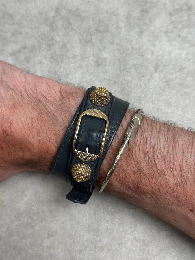 Balenciaga Dark Navy Gold-Studded Leather Wrap Bracelet - Image 3