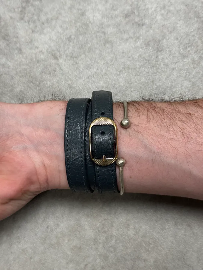 Balenciaga Dark Navy Gold-Studded Leather Wrap Bracelet - Image 4