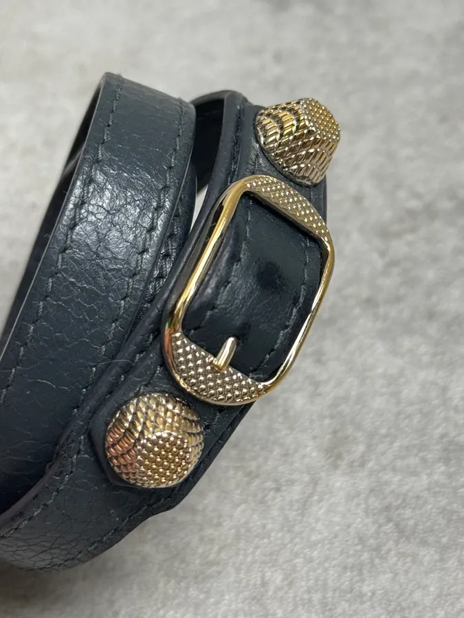 Balenciaga Dark Navy Gold-Studded Leather Wrap Bracelet - Image 6