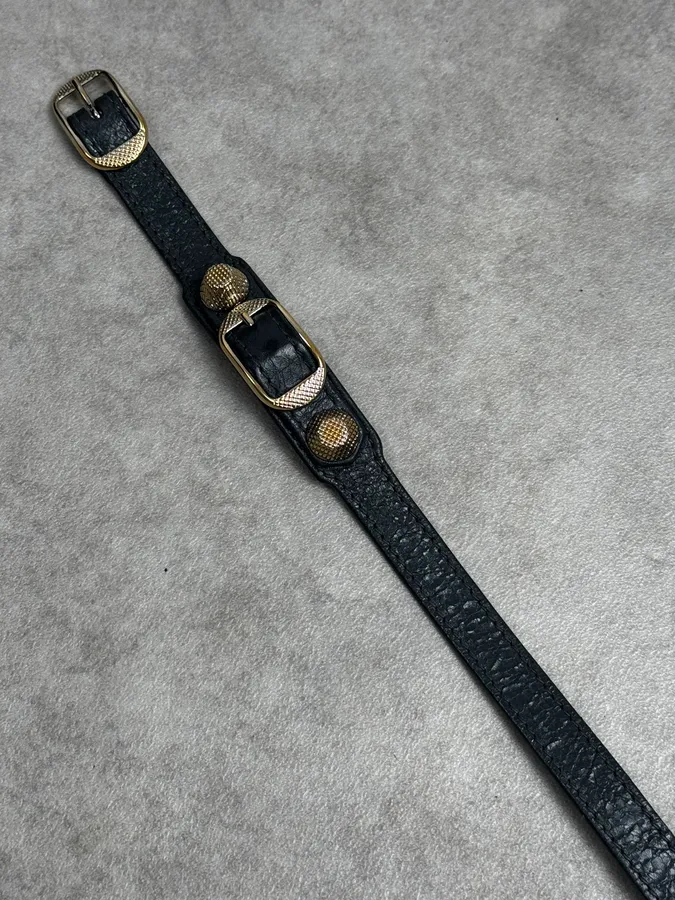 Balenciaga Dark Navy Gold-Studded Leather Wrap Bracelet - Image 7