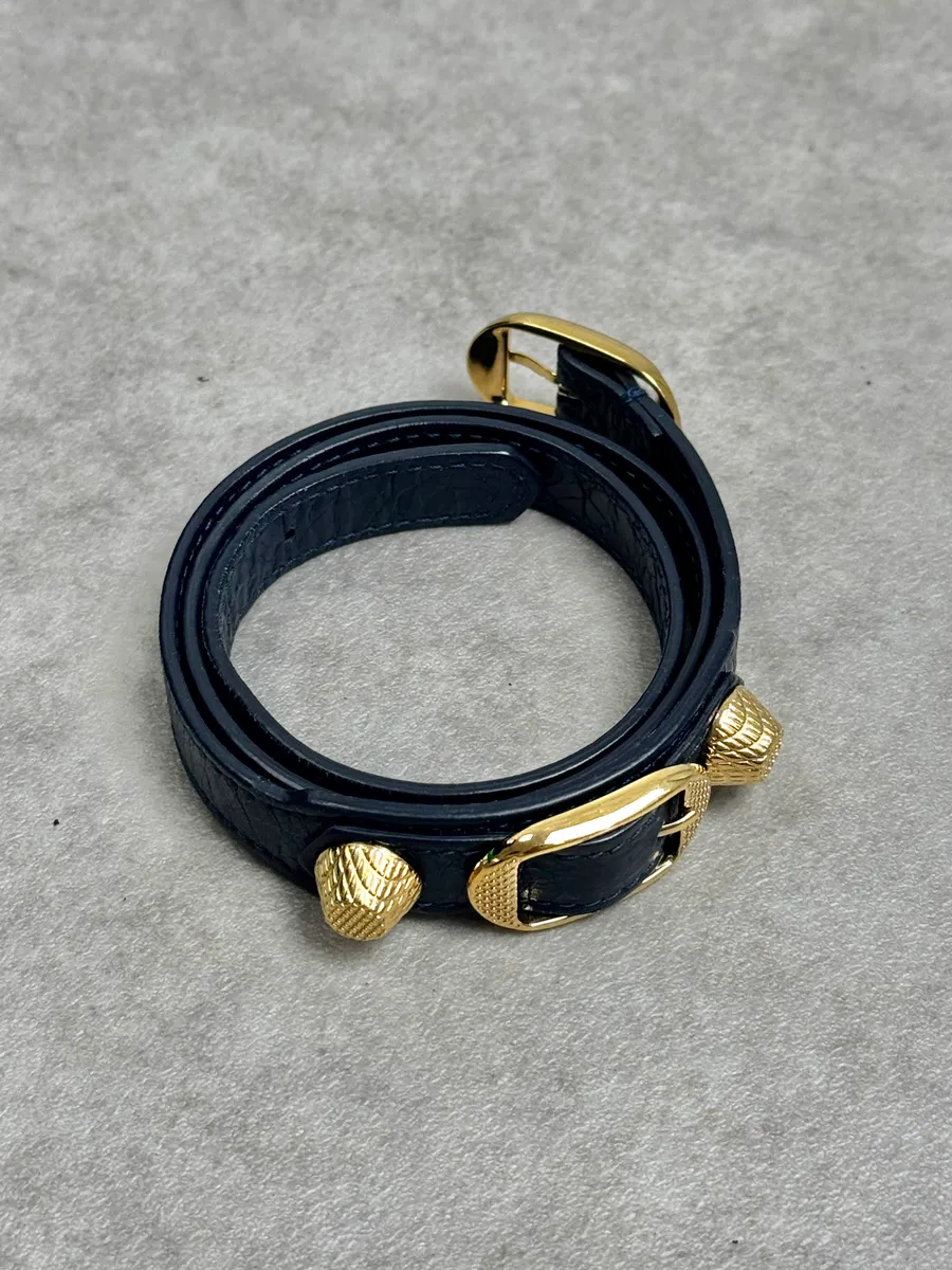 Balenciaga Navy & Gold Studded Cuff Leather Bracelet - Image 2
