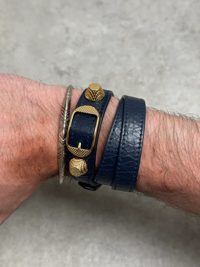 Balenciaga Navy & Gold Studded Cuff Leather Bracelet - Image 5