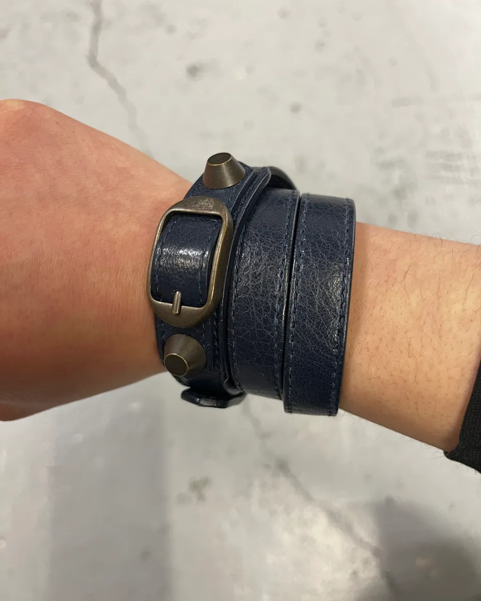 Balenciaga Navy Leather Double-Wrap Buckle Bracelet - Image 3