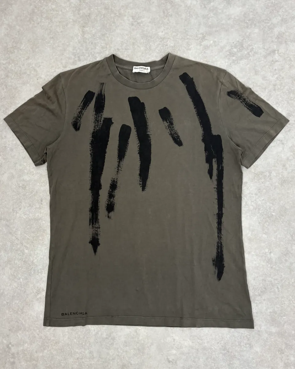 Balenciaga Paris Olive Green Painted Abstract T-Shirt