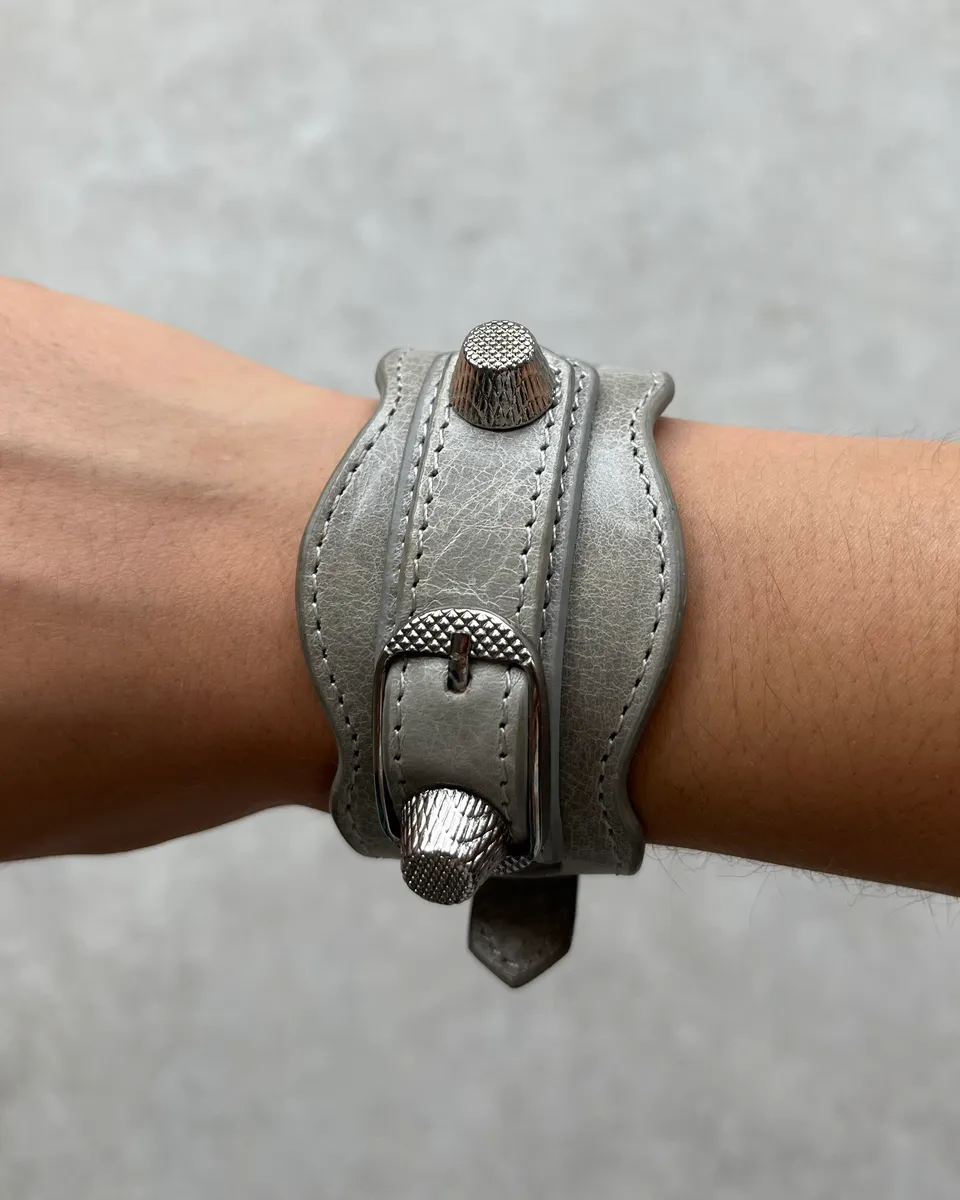 Balenciaga Silver Grey Leather Studded City Bracelet - Image 3