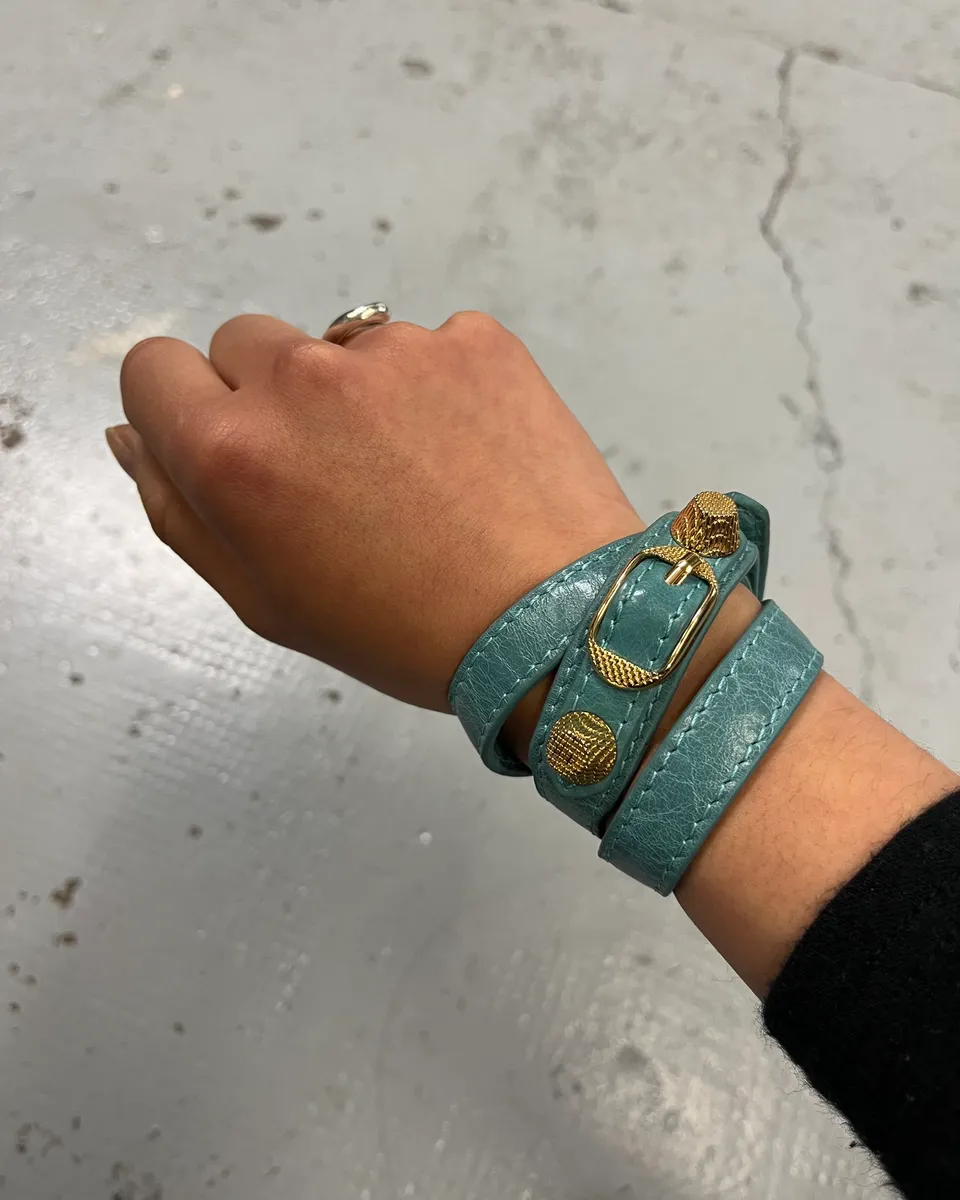 Balenciaga Turquoise Leather Gold Studded Bracelet