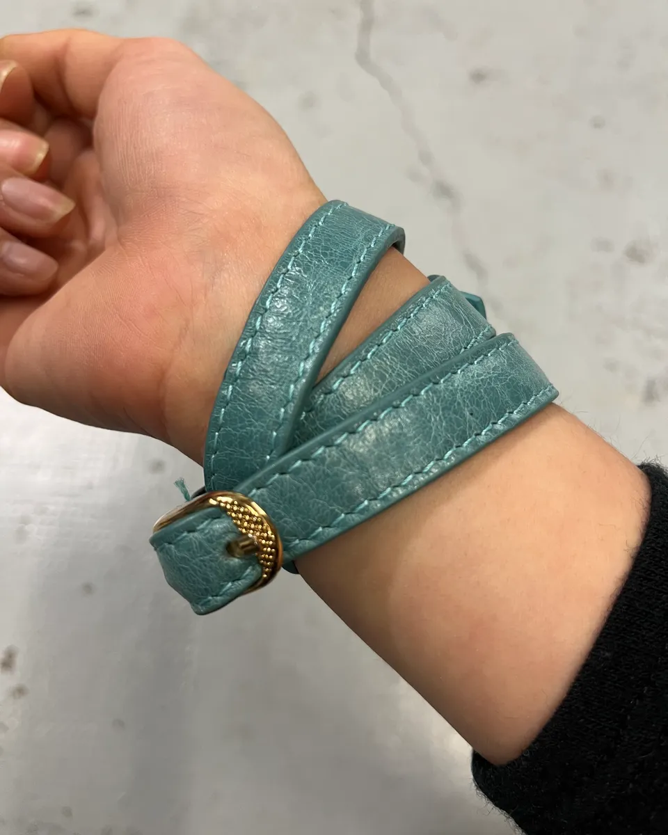 Balenciaga Turquoise Leather Gold Studded Bracelet - Image 4