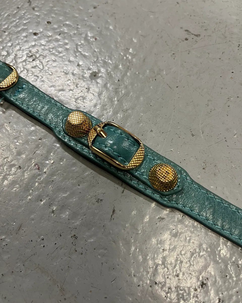 Balenciaga Turquoise Leather Gold Studded Bracelet - Image 6