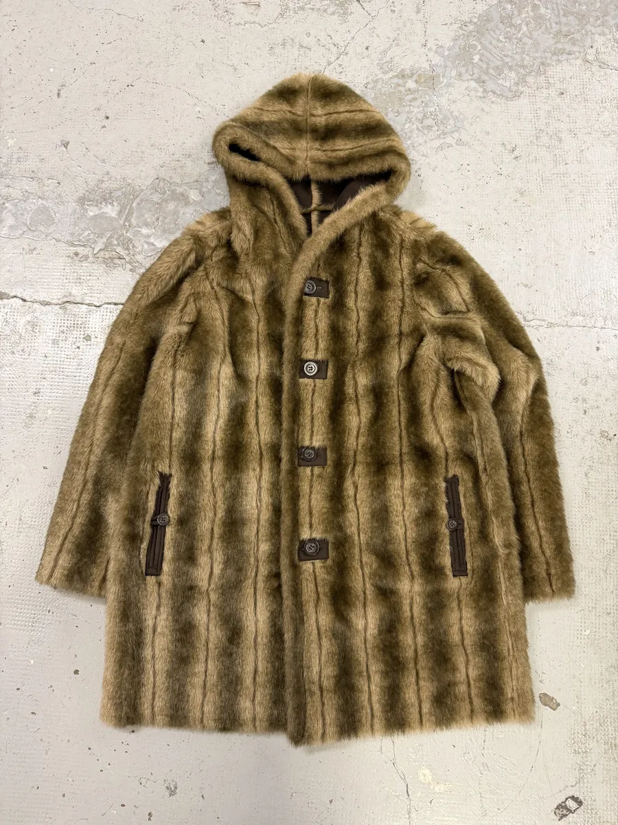 Balmain Beige Faux Fur & Brown Leather Reversible Hooded Coat - Image 7