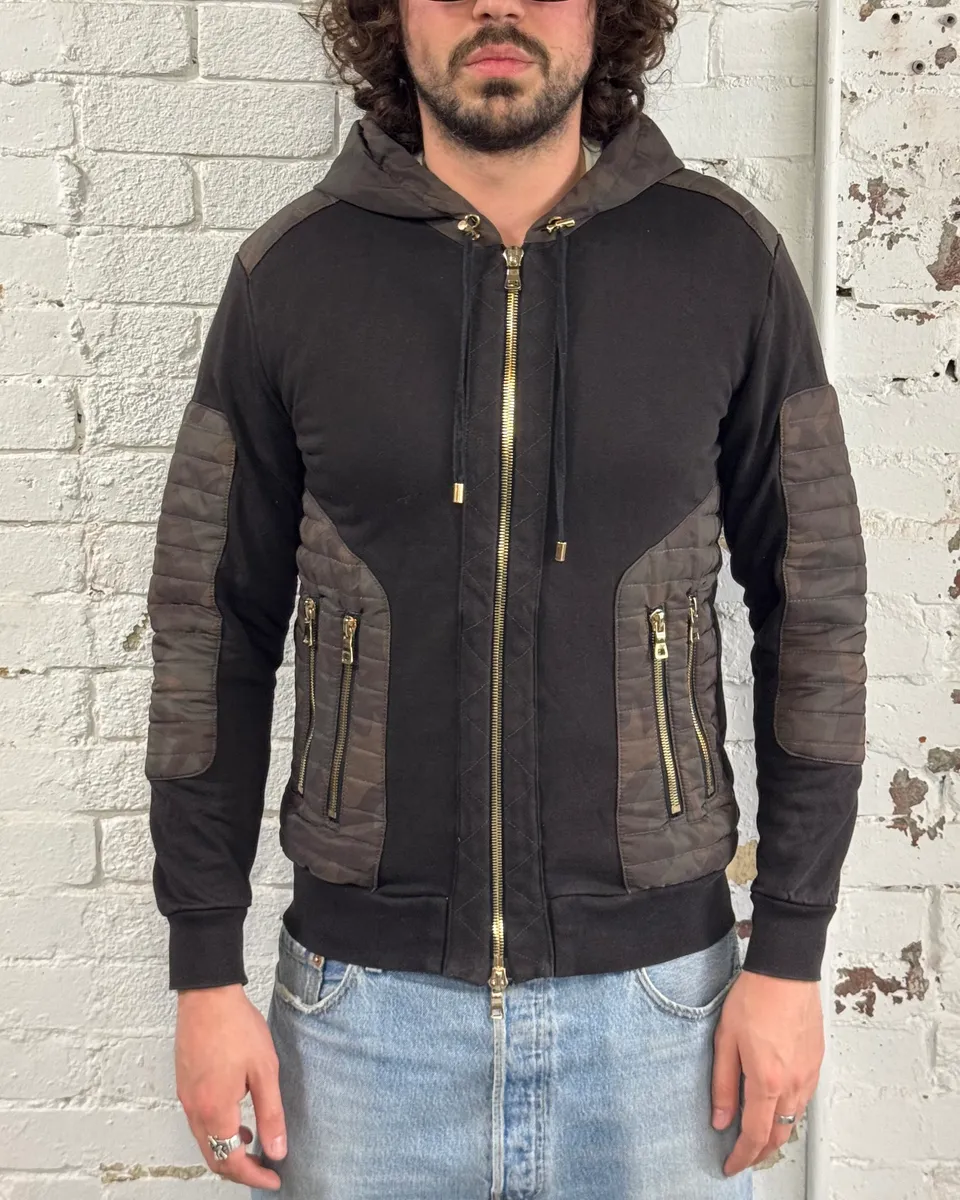 Balmain Black Cotton Quilted Biker Zip Hoodie - Image 2