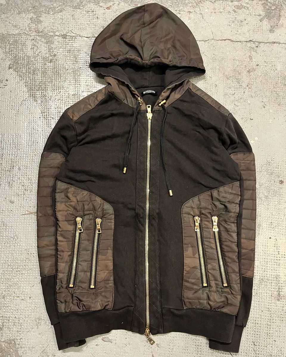 Balmain Black Cotton Quilted Biker Zip Hoodie - Image 4