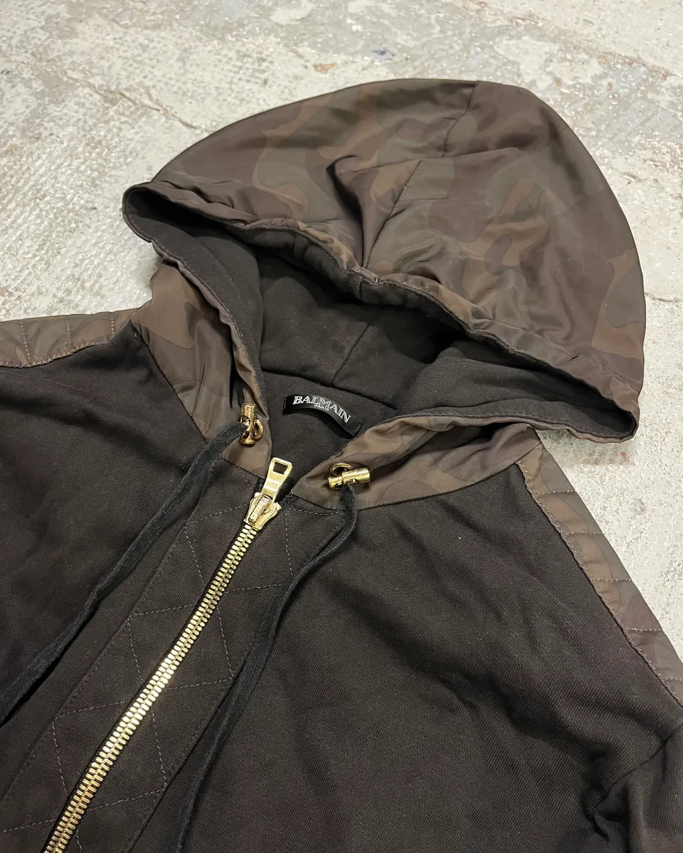 Balmain Black Cotton Quilted Biker Zip Hoodie - Image 5