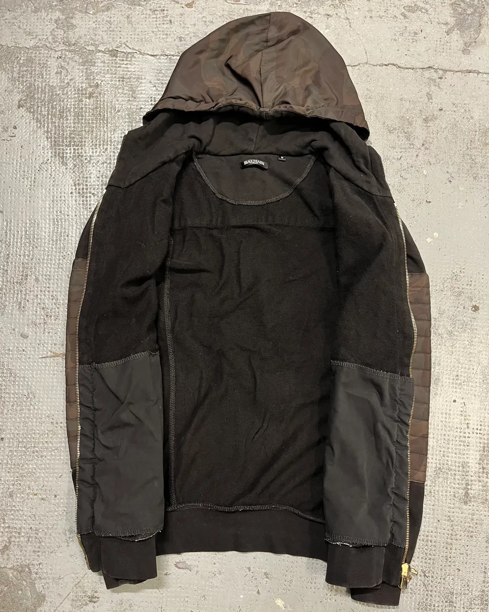 Balmain Black Cotton Quilted Biker Zip Hoodie - Image 8