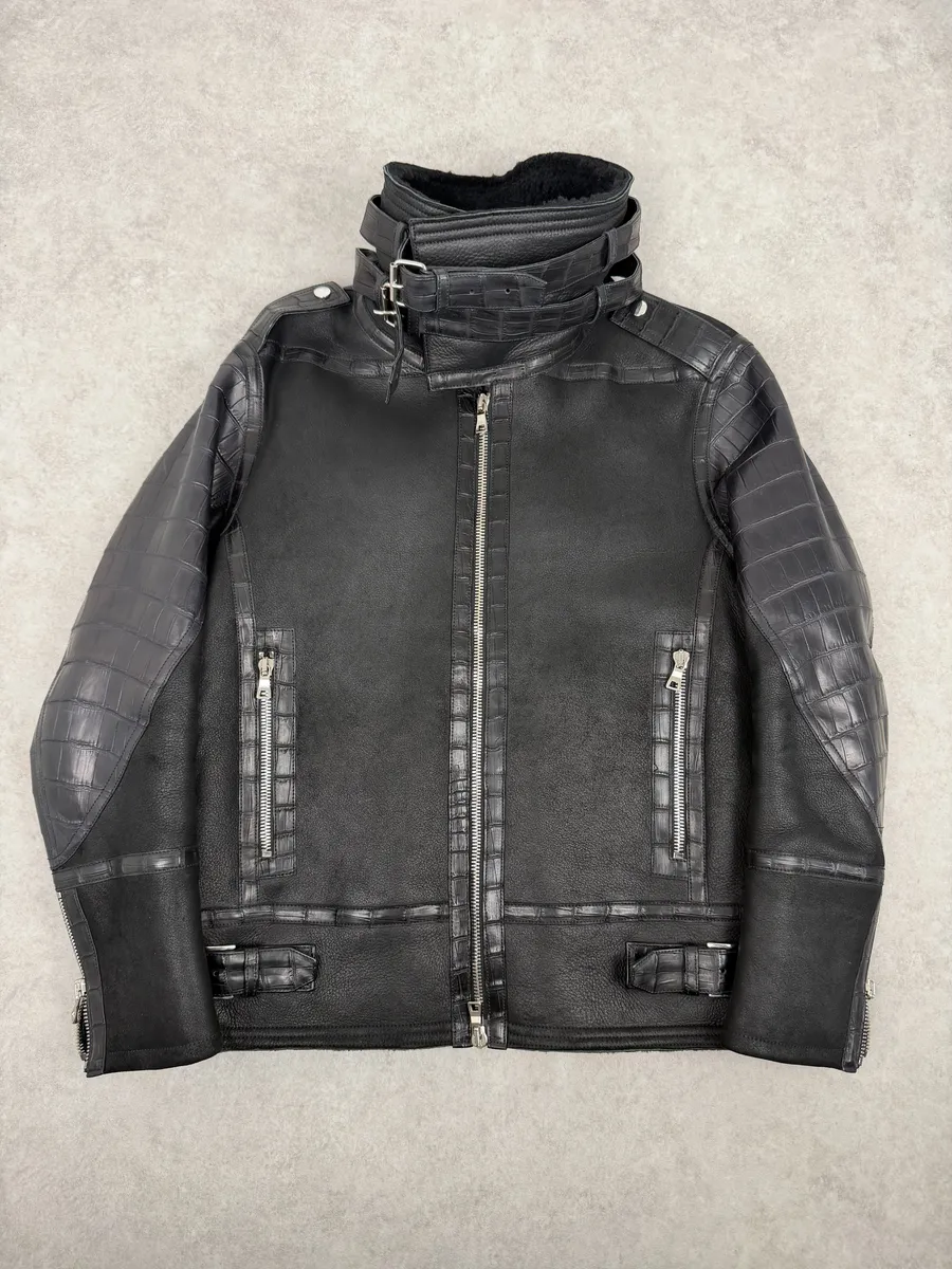 Balmain Black Crocodile Leather Aviator Shearling Jacket - Image 2