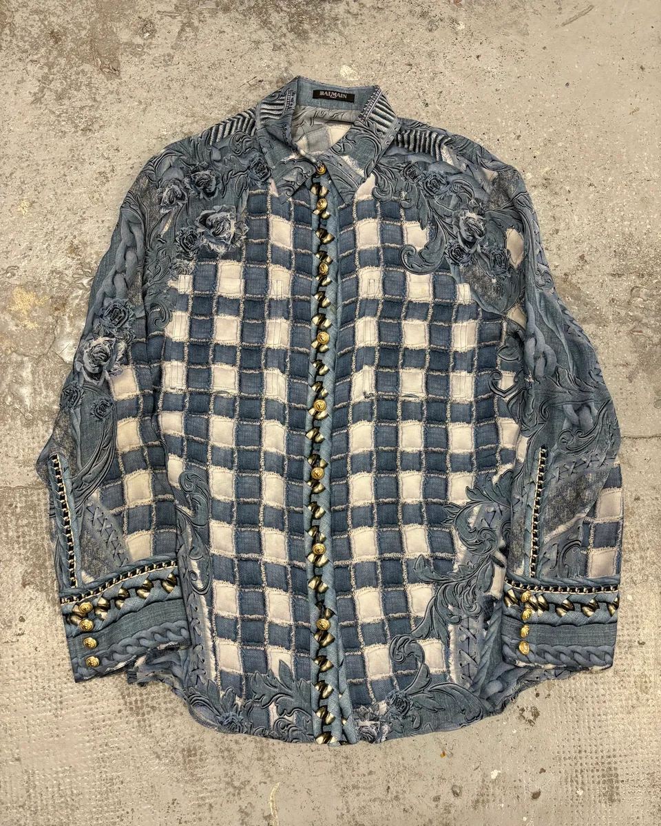 Balmain Blue Silk Royal Checkered Buttoned Shirt - Image 3