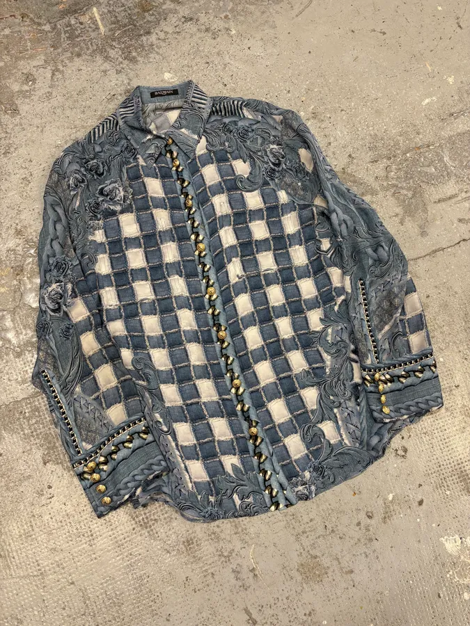 Balmain Blue Silk Royal Checkered Buttoned Shirt - Image 4