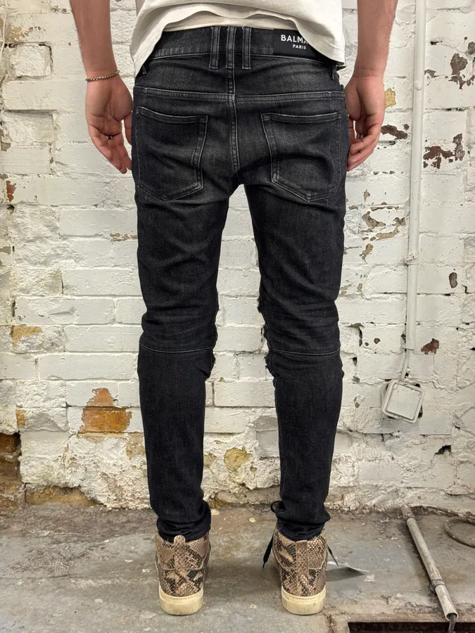 Balmain Distressed Biker Faded Black Slim Jeans - Image 4