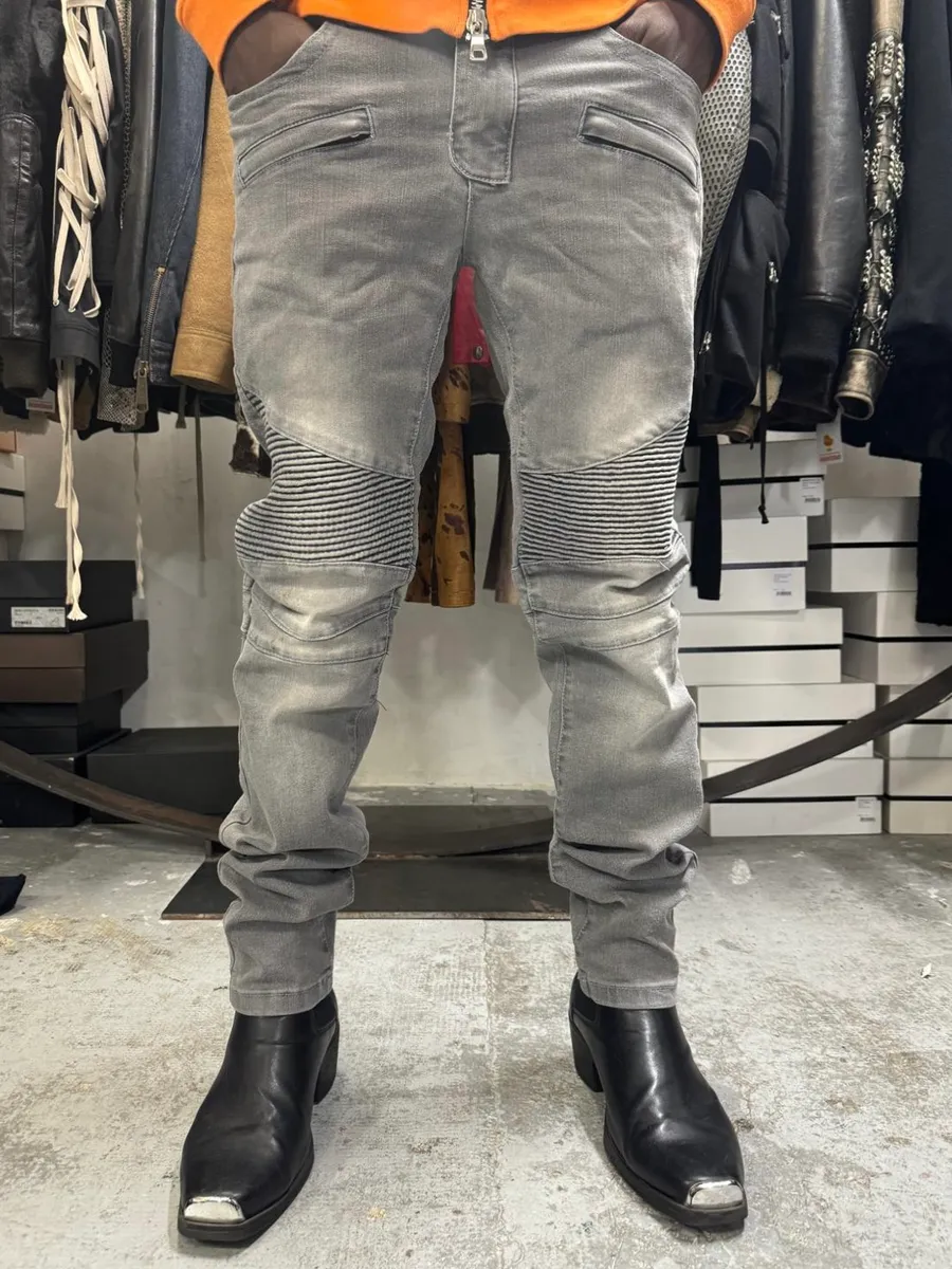Balmain Grey Biker Denim Slim Jeans