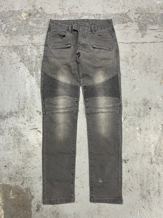 Balmain Grey Biker Denim Slim Jeans - Image 2