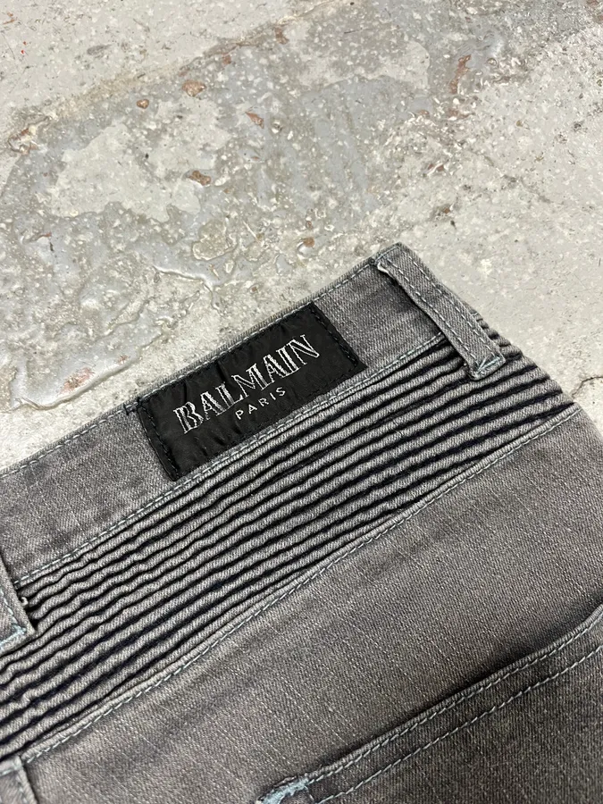 Balmain Grey Biker Denim Slim Jeans - Image 9